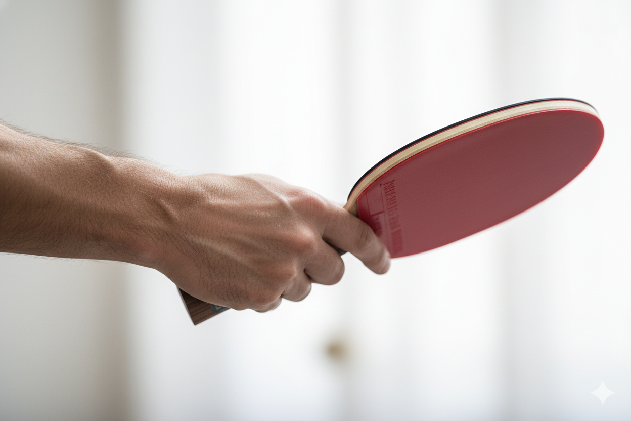 Les vibrations du bois faut-il les rechercher, joueur tenant une raquette de tennis de table, prêt à frapper, PKB